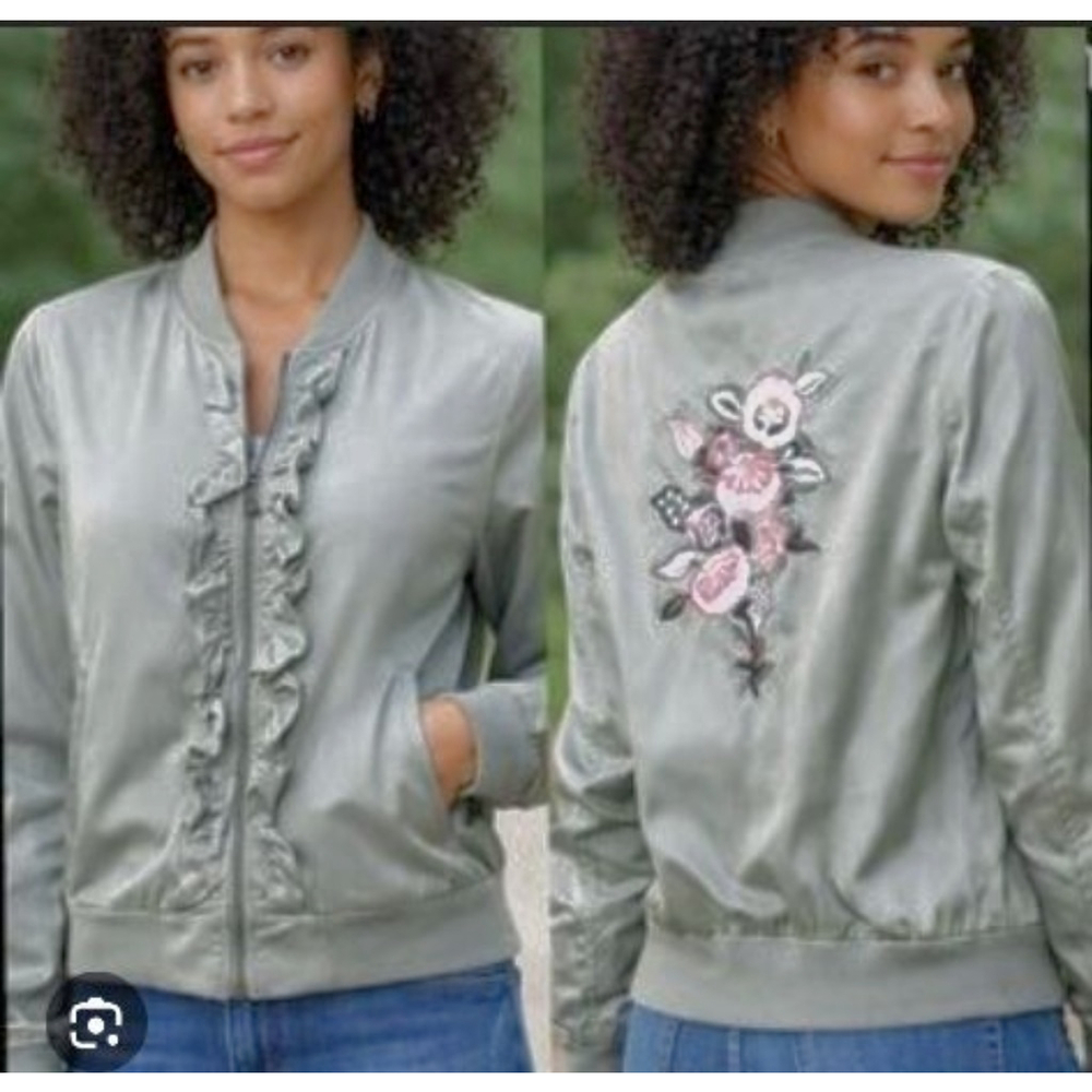 Women's Candie's Beige Bomber Jacket with Ruffles & Floral Embroidery S